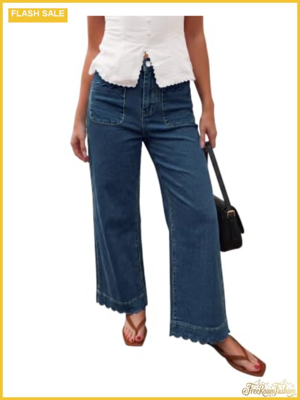 Women's Scalloped Straight Leg Ankle Jeans High Rise Stretchy Cotton Denim